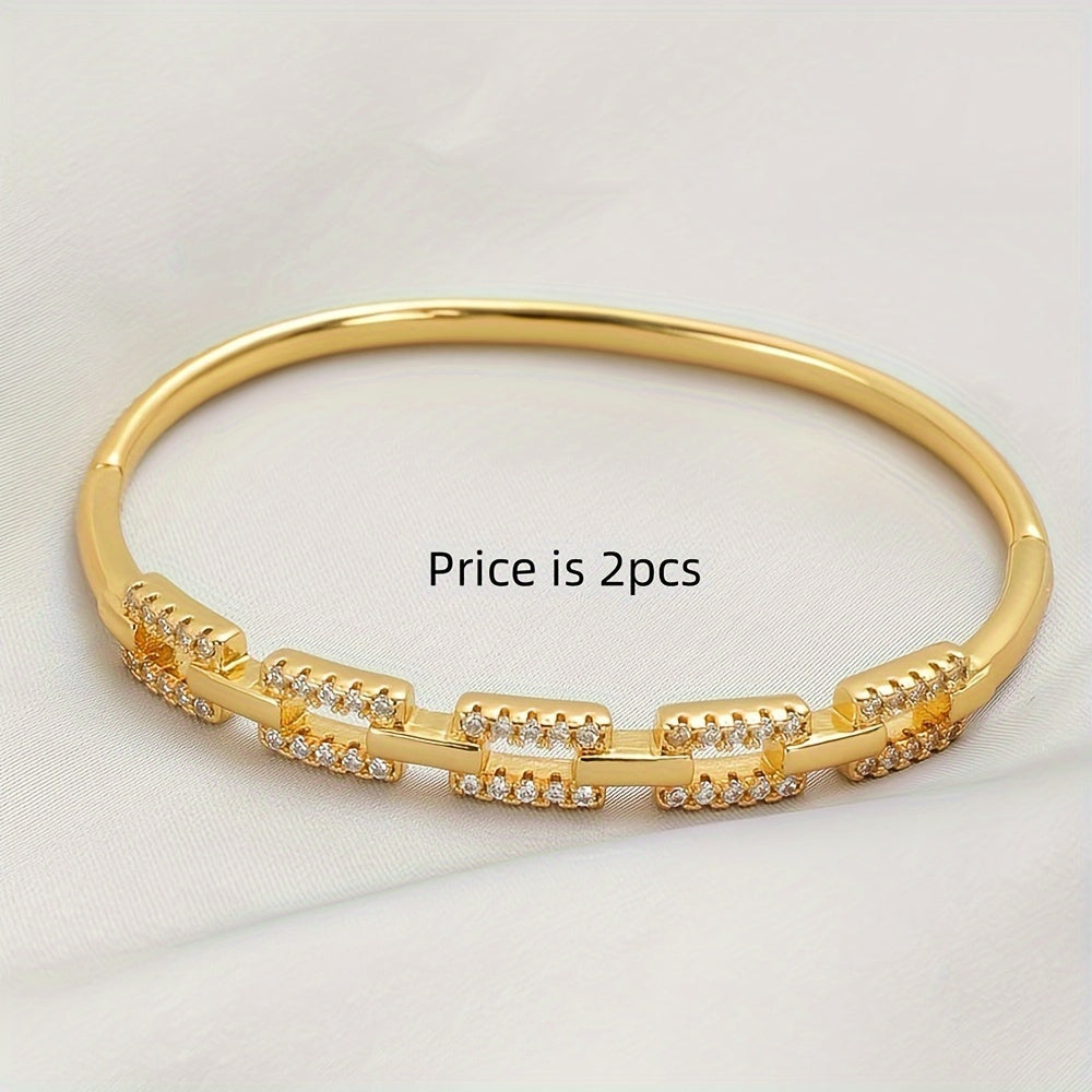 Set of 2 Zirconia Stone Bridal Cuff Bracelets 24K Gold Plated Copper for Weddings and Gifts