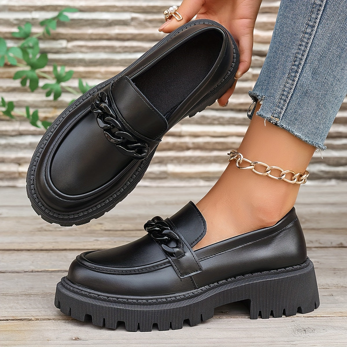 Women’s Black Loafers with Bow Slip-On Platform Casual Shoes