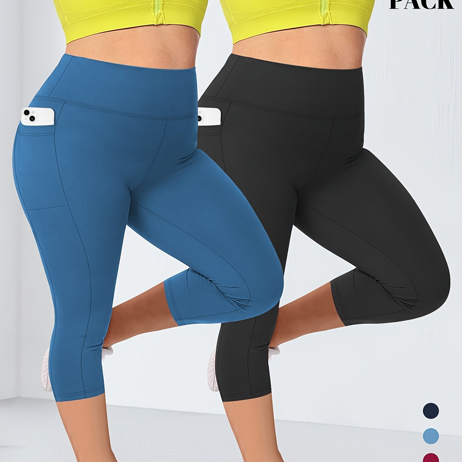 Plus Size Women's High-Waist Leggings 2-Pack with Pockets Stretchy Blue Black