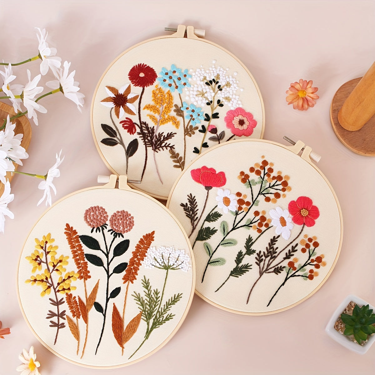 4-Piece Embroidery Kit with Floral Pattern, Hoops, Floss, Needles and 3-Pack Cross Stitch Kit for Beginners