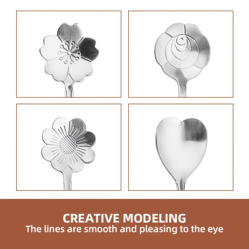 Set of 8 Stainless Steel Coffee Spoons with Flower Pattern for Coffee and Dessert