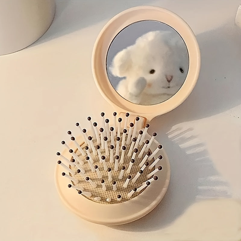 Travel Hairbrush with Mirror Foldable Scalp Massaging Air Cushion Dry Hair