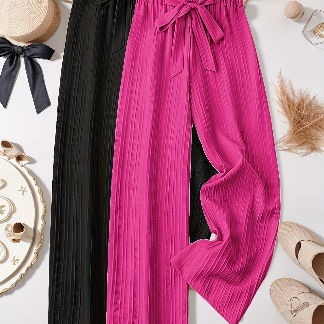 Women's Plus Size Striped Pleated Textured Long Pants Two Pack