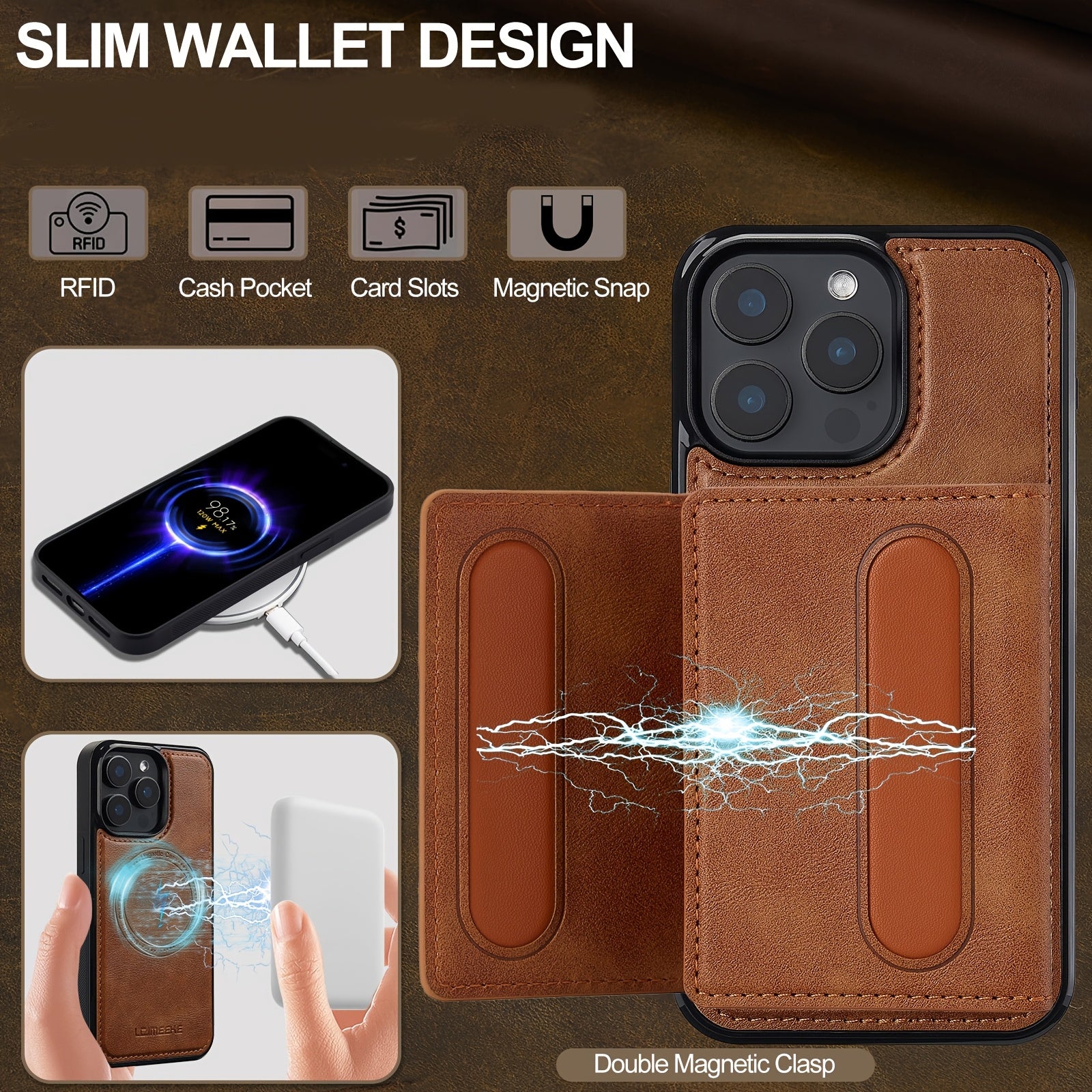 Funda de teléfono de cuero sintético desmontable para iPhone 11-16 con ranuras para tarjetas y carga inalámbrica magnética
