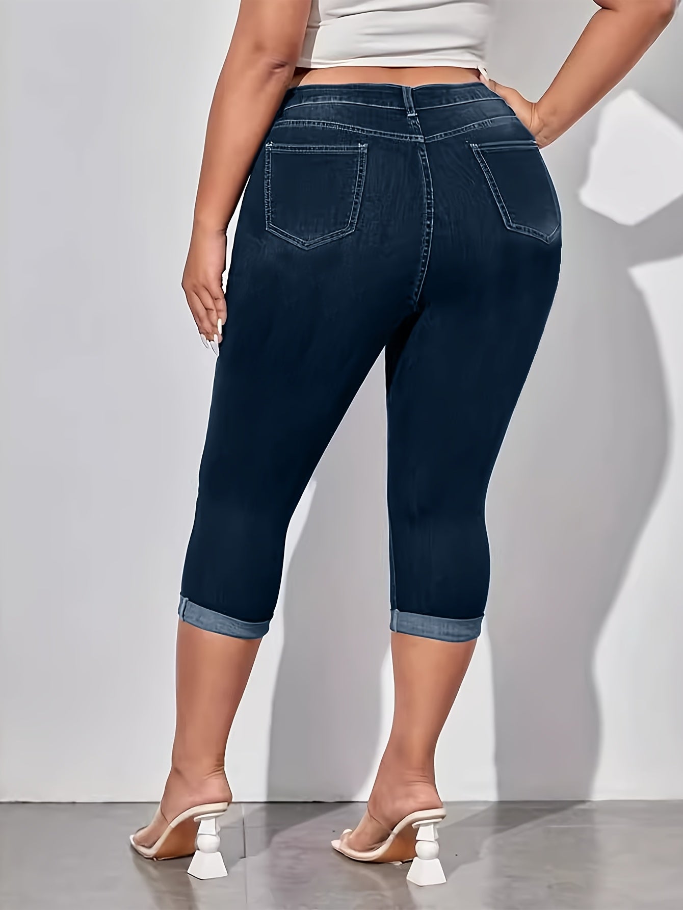 Jeans de mezclilla azul elásticos de talla grande para mujer, de tiro alto y ajuste delgado