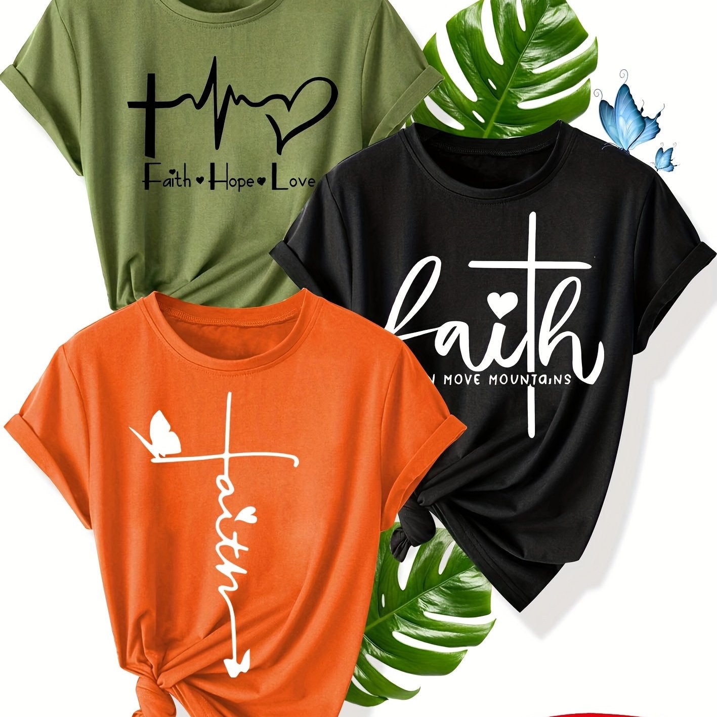 Pack de 3 camisetas gráficas de fe para mujer de manga corta con cruz y corazón para verano casual