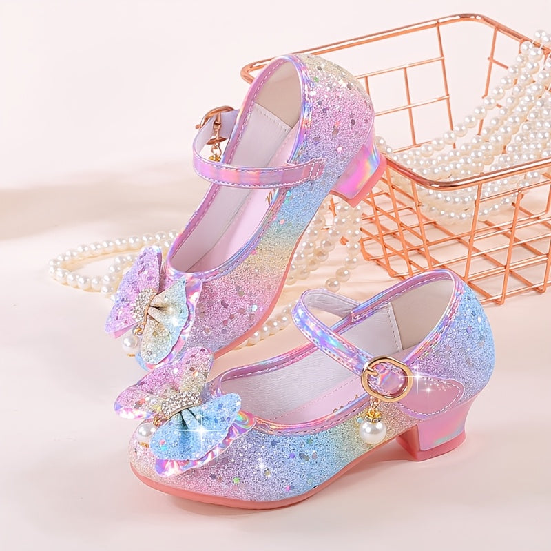 Girls Sequin High Heels with Bowknot Glittery Pastel Colors for Parties and Performances