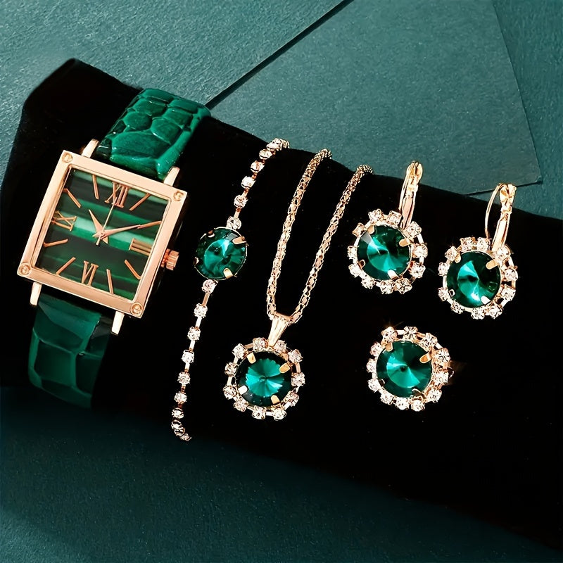 Juego de relojes para mujer de 6 piezas con piedras de rhinestone, estrella, cuarzo analógico, pulsera de cuero, regalo de joyería