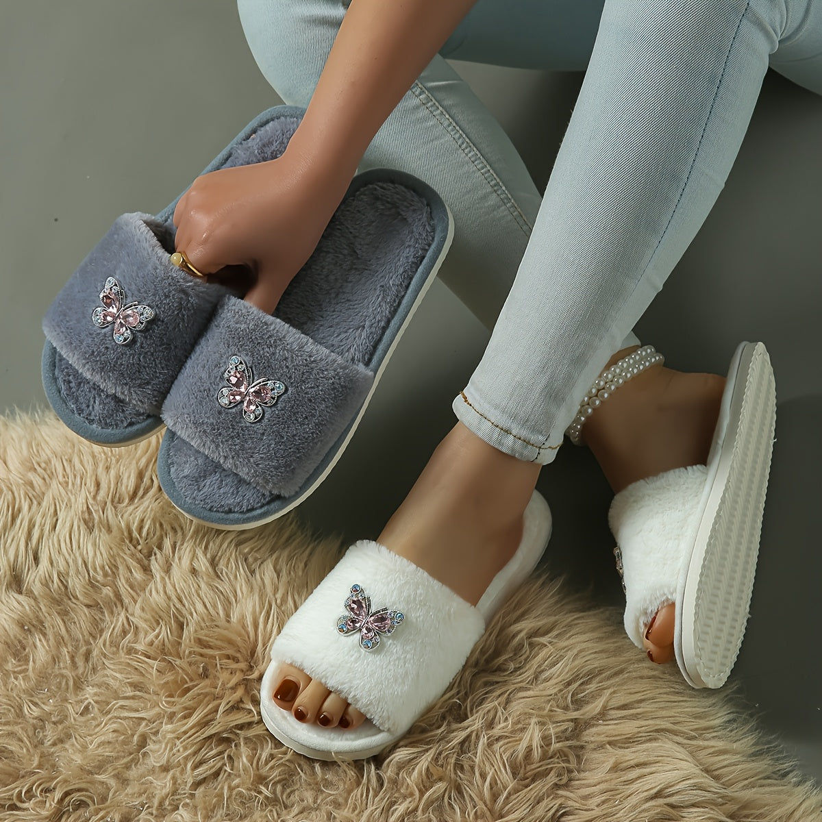 Ayollar uchun kryshalla kelebek bezakli yopiladigan shippaklar, barcha mavsum uchun qulaylik