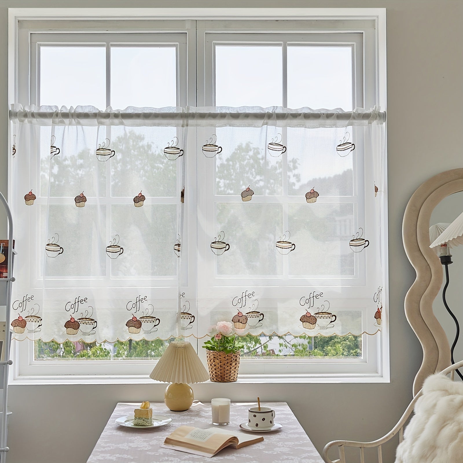 White Sheer Embroidered Cafe Curtain with Rod Pocket for Kitchen and Living Room