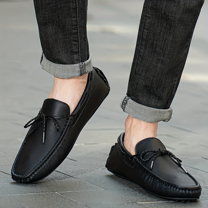 Men's Leather Bowknot Moccasin Loafers Non-Slip Slip-On Driving Shoes for Spring Summer