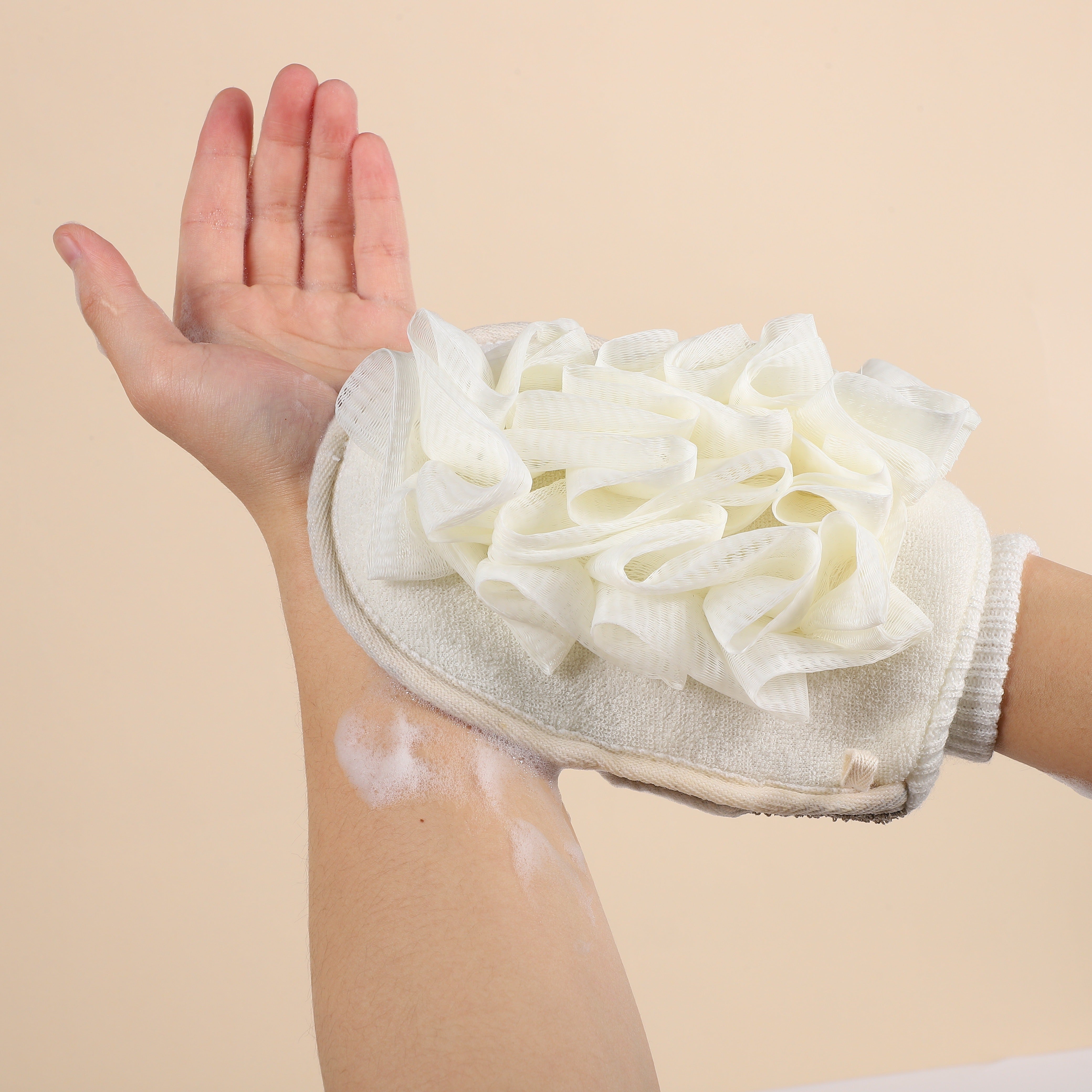 Guante exfoliante de doble cara para hombres y mujeres con puño fruncido para cuidado de la piel en la ducha