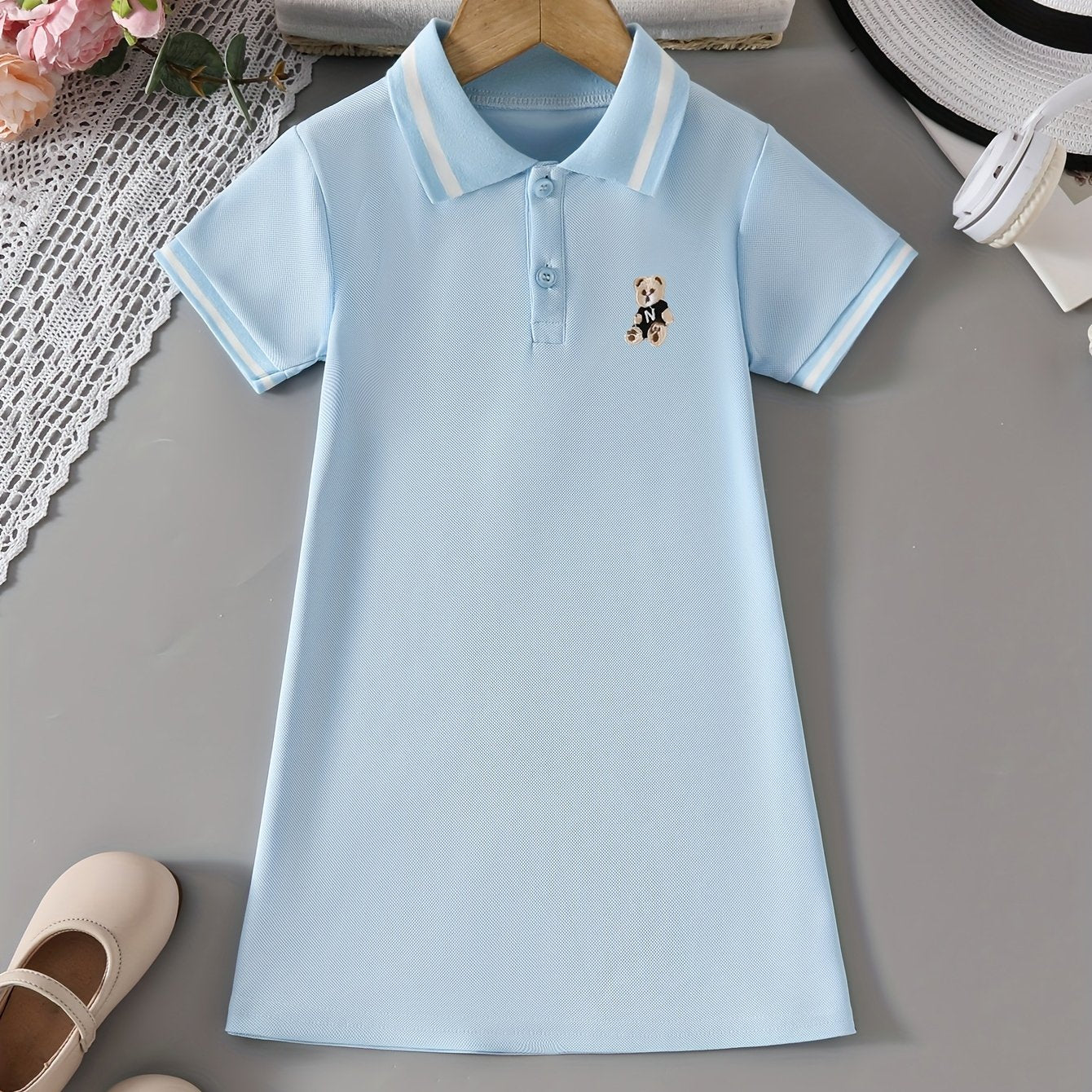 Vestido para niñas con cuello de volante en contraste con oso, manga corta, tela de punto, casual, para volver a clases