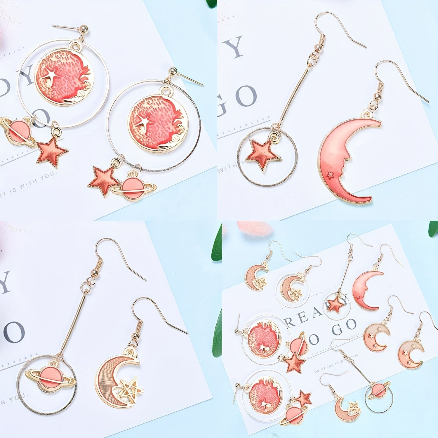 Set of 24 Pink Assorted Gold Plated Enamel Celestial Pendants for Jewelry Making