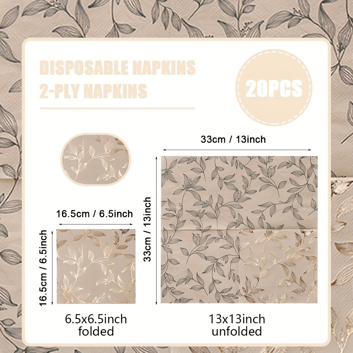 Set of 20 Gold Leaf Pattern Disposable Napkins 33cm Square for Weddings Parties