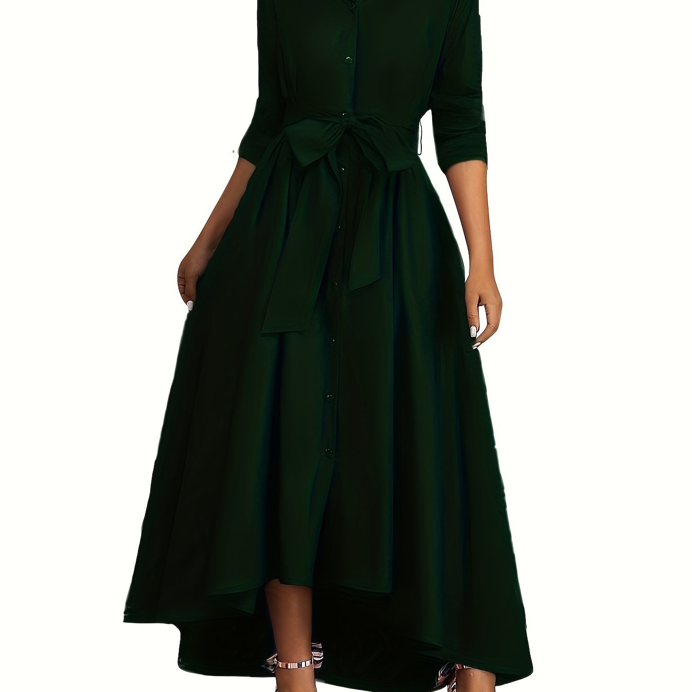 Green Midi Dress for Women Long Sleeve Belted Button-Up Collar Casual Fall Winter