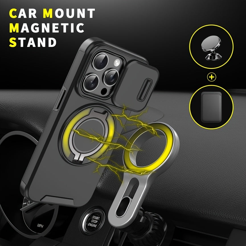 iPhone Case with Sliding Camera Cover Full Protection Shockproof Matte TPU Ring Holder Magnetic Car Bracket