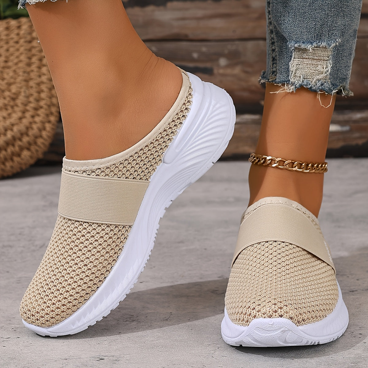 Women's Mesh Slip-On Sneakers White Black Casual Beach Summer Shoes