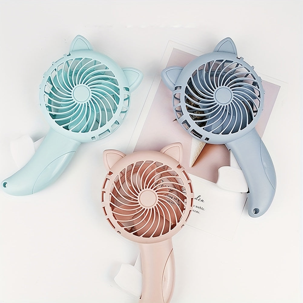 Manual Handheld Fan with Cat Ear Design Portable Personal Cooling Light Blue