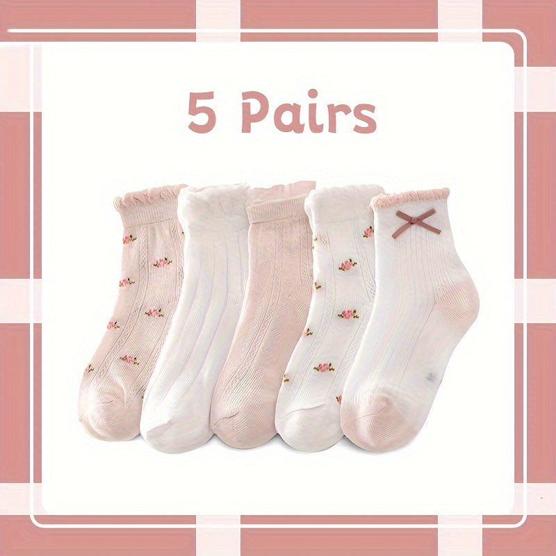 Girls' Mesh Socks with Bowknots Floral Pattern for Spring Summer Set of 5