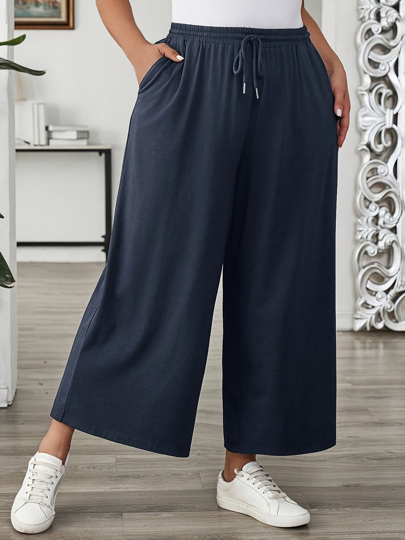 Pantalones anchos de mujer de talla grande de color sólido con cintura elástica, casuales para verano