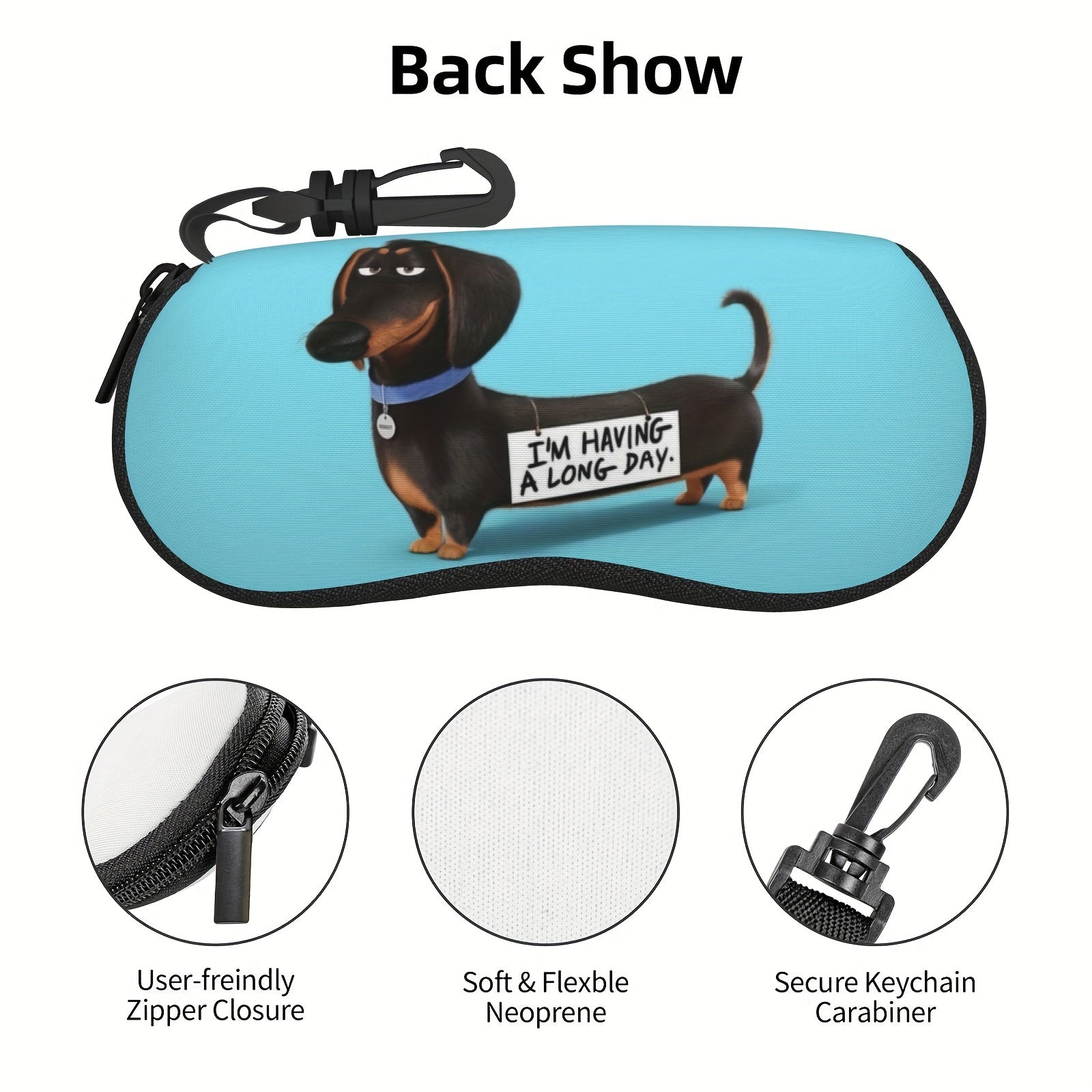 Портативный футляр для очков с милым узором щенка таксы и мультяшным принтом, включает в себя брелок и изготовлен из мягкого неопрена с застежкой на молнии.