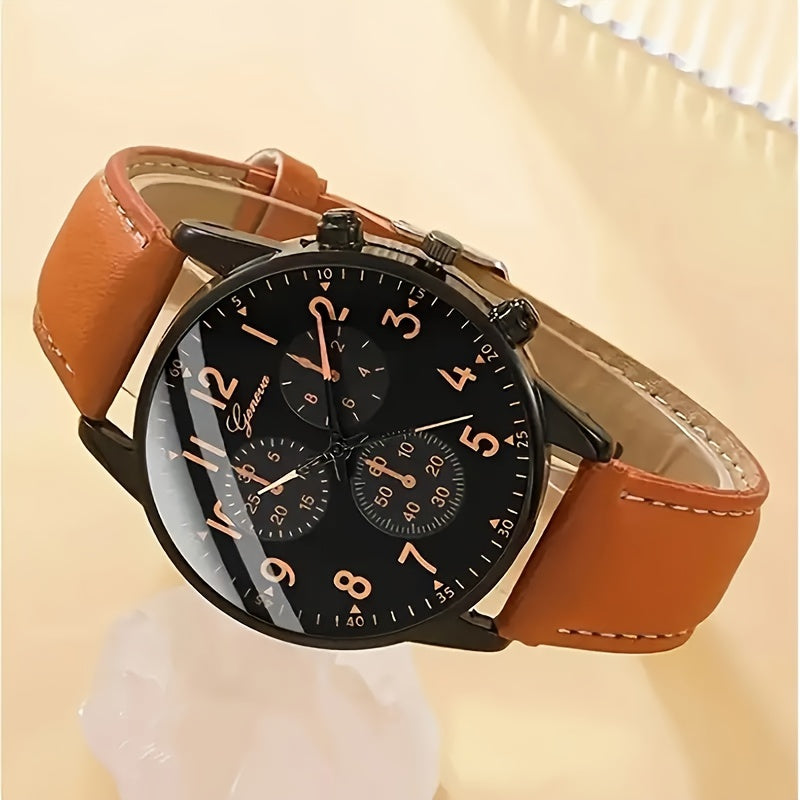 Men's Brown Faux Leather Quartz Watch and Bracelet Set with Date Display Not Waterproof Gift for Valentine's Day Easter Ramadan Eid Al-Adha