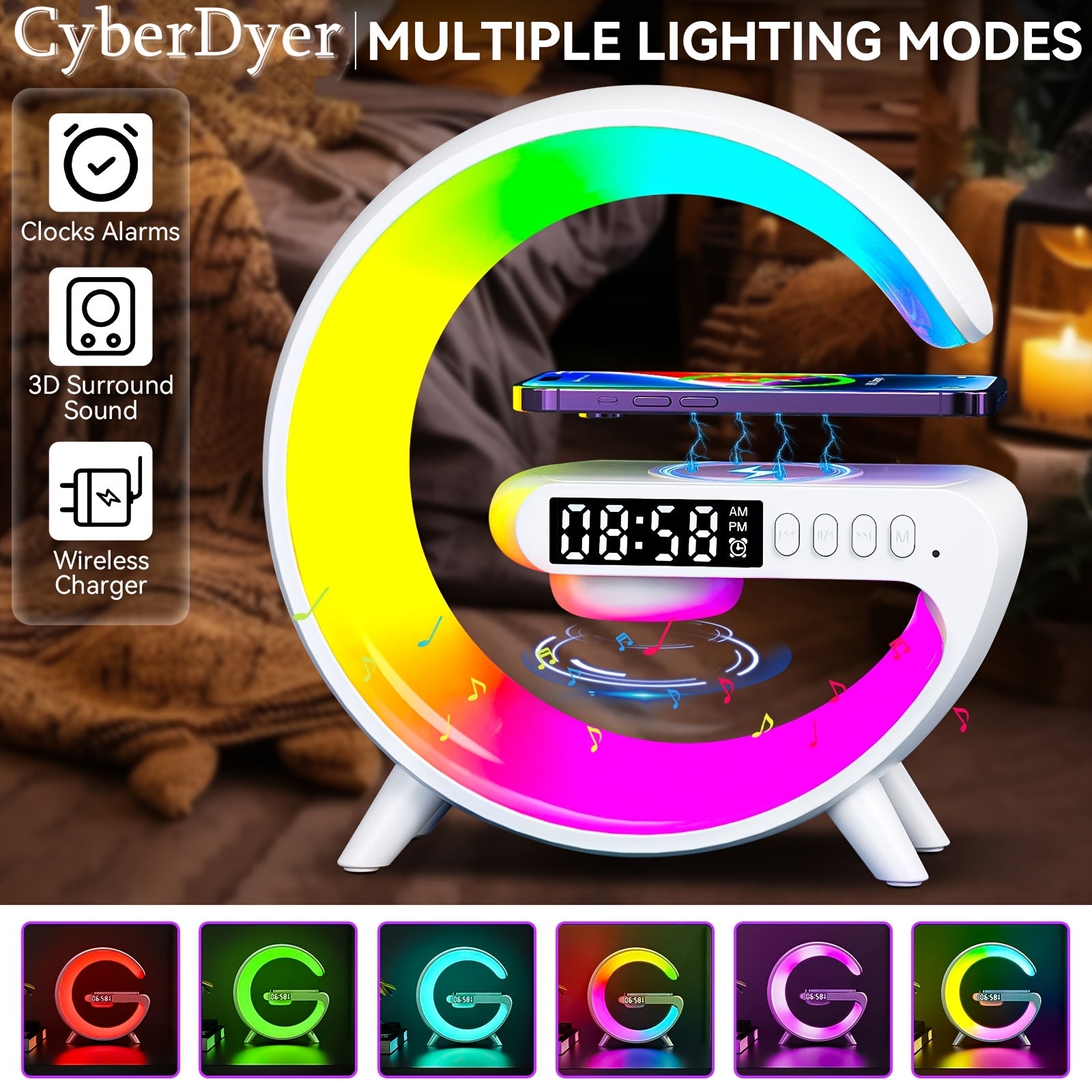 CyberDyer Smart Table Light with Sunrise Alarm Clock, Night Light Charging Station, Wireless Speaker, and Desktop Decoration Atmosphere Lamp - har qanday tadbir uchun mukammal sovg'a.