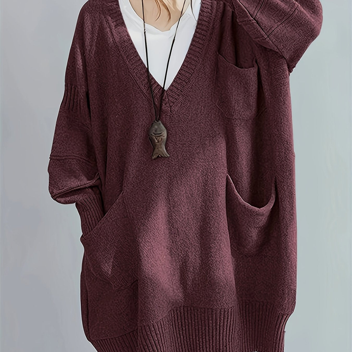 Plus Size Women's V-Neck Oversized Sweater Black Longline Casual Pullover