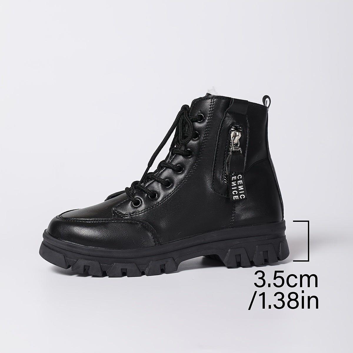 Women's Black PU High-Top Ankle Boots with Rubber Soles and Lace-Up Closure
