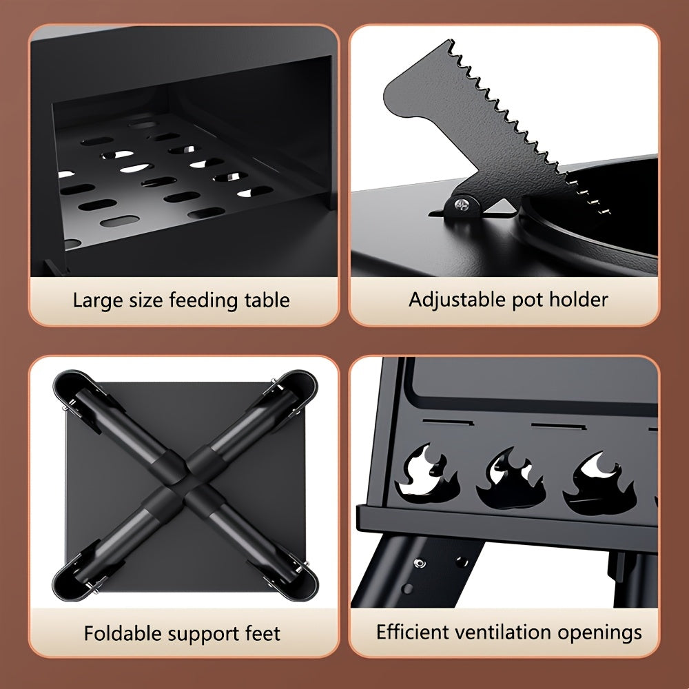 Sayohat va pikniklar uchun portativ egiluvchan yog'och pech, ko'p maqsadli ovqat tayyorlash uchun karbon po'latidan yasalgan.