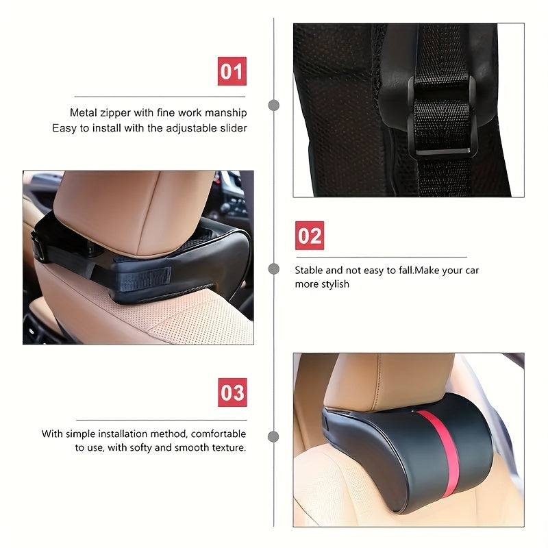 Car Headrest Pillow Black with Red Stitching Memory Foam Cushion Ergonomic