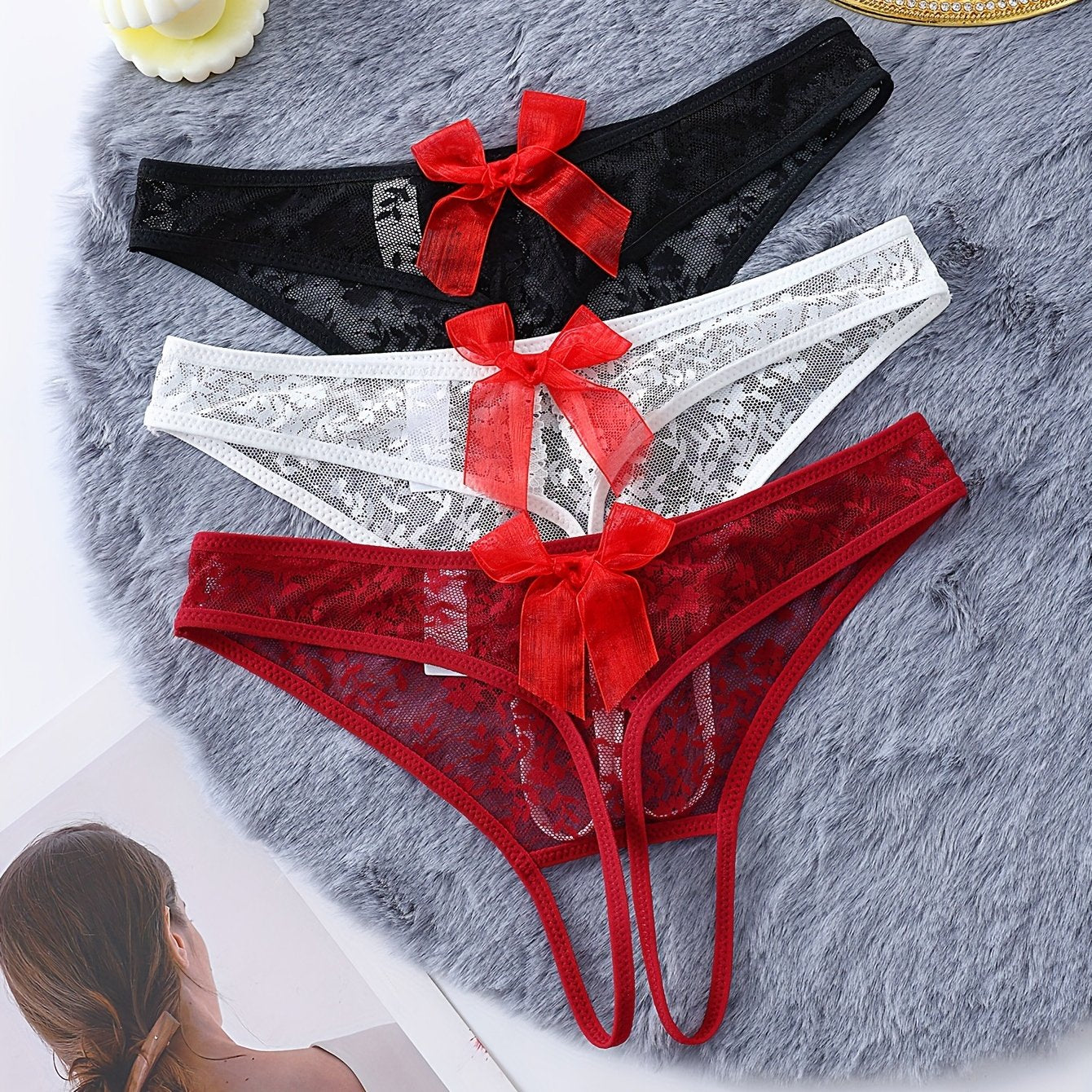 Women's Lace Thongs with Bows and Open Holes for Breathable Comfort