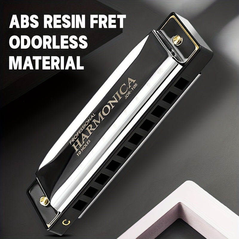 10-Hole C Key Blues Harmonica with Hard Case Stainless Steel Polished for Beginners Professionals