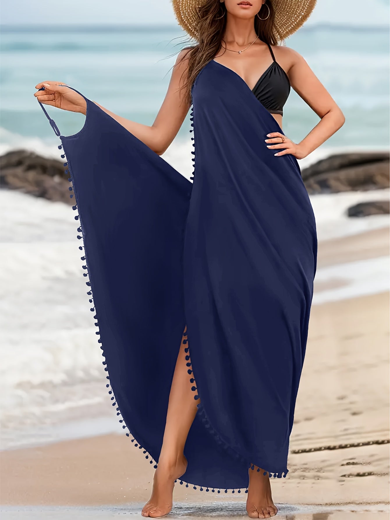 Maxi Beach Cover-Up Dress with Pom-Pom Decor V-Neck Backless Wrap Hem for Women