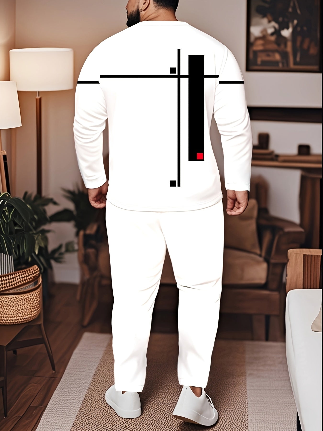 Men's Plus Size Sportswear Set with Geometric Print Crew Neck Long Sleeve T-Shirt and Pants Breathable Polyester Spandex Spring Fall