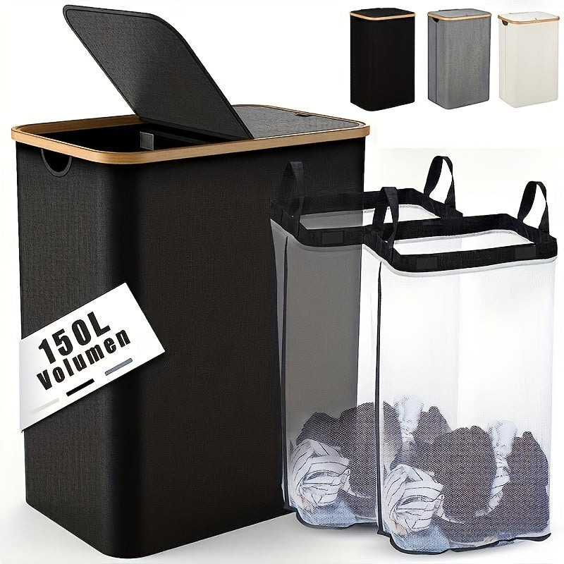 Gran cesta de ropa plegable con tapa y asas, capacidad de 150L para almacenamiento de ropa sucia