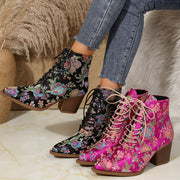 Женские ботинки с цветочным дизайном, заклепками и шнуровкой, на массивном каблуке и с заостренным носком