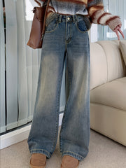 Women High-Waist Wide-Leg Denim Jeans Light Blue Casual Slimming