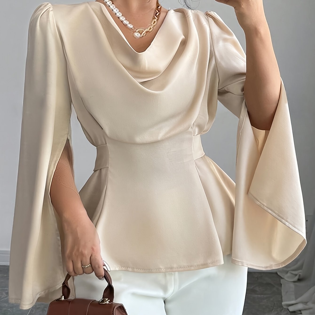 Women's Solid Color Long Sleeve Top with Lace-Up Bow-Knot Detail and Lapel Collar