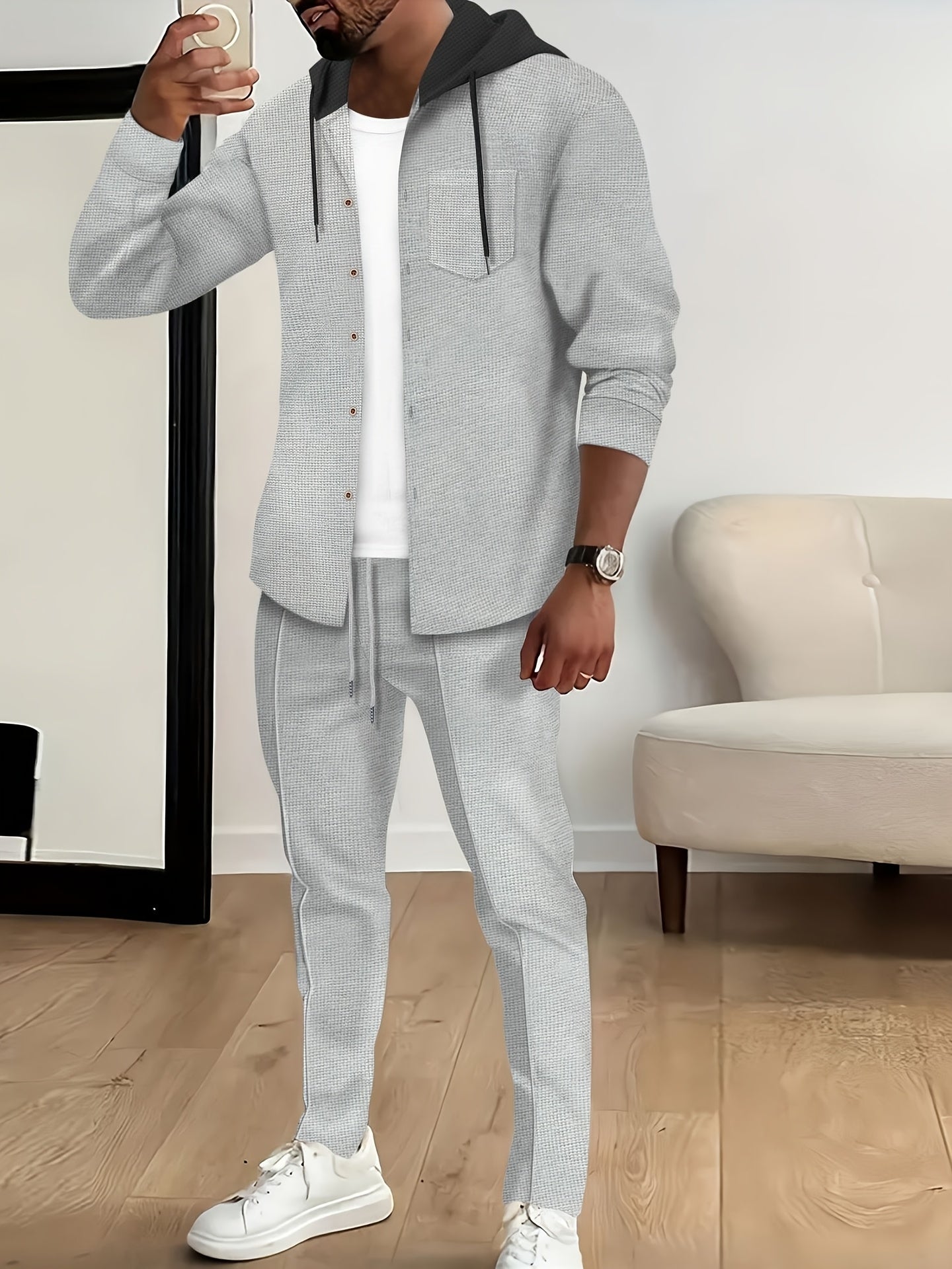 Men's Long Sleeve Hooded Waffle Solid Sports Suit Set for Spring and Autumn