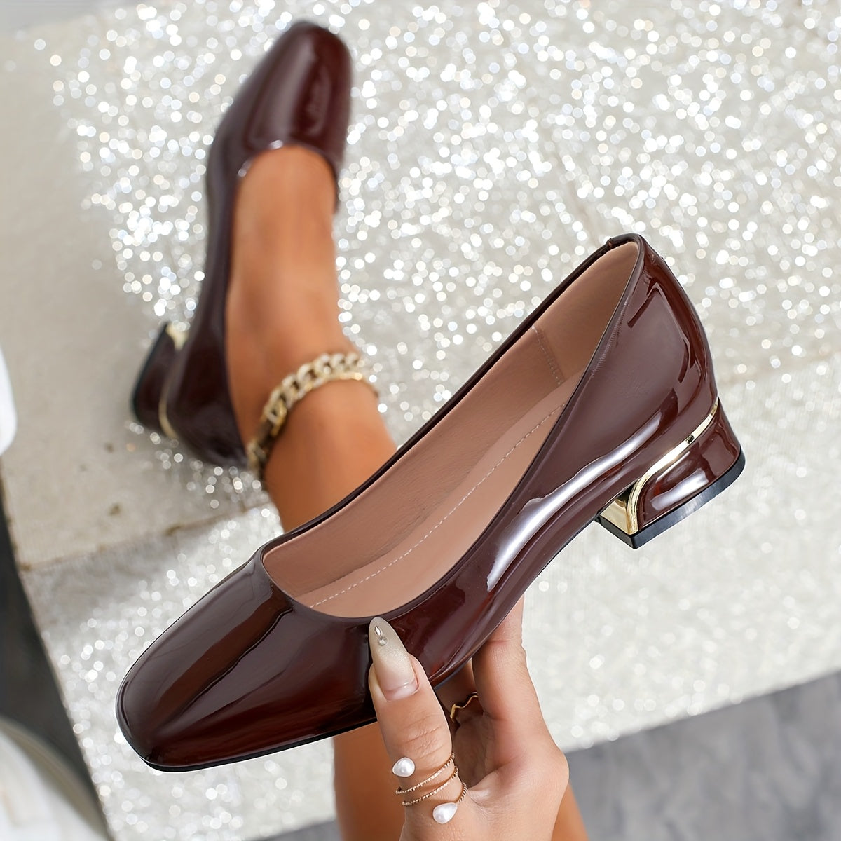 Ayollar uchun kvadrat barmoqli poyabzal, kundalik, bir rangli, past blok poyafzal, kiyinadigan poyabzal