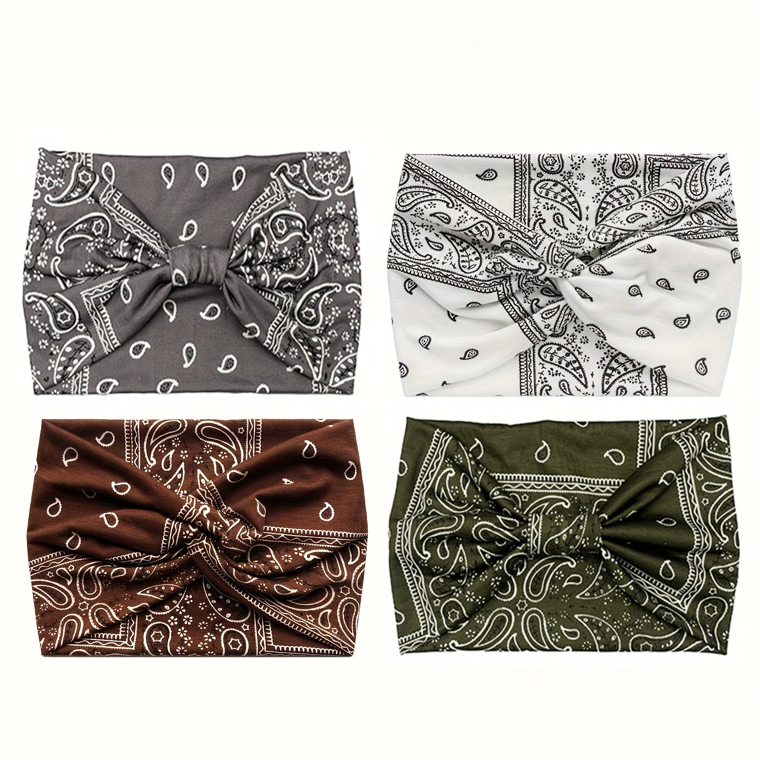 Set of Four Vintage Printed Wide Brim Headbands with Elastic Knots for Women