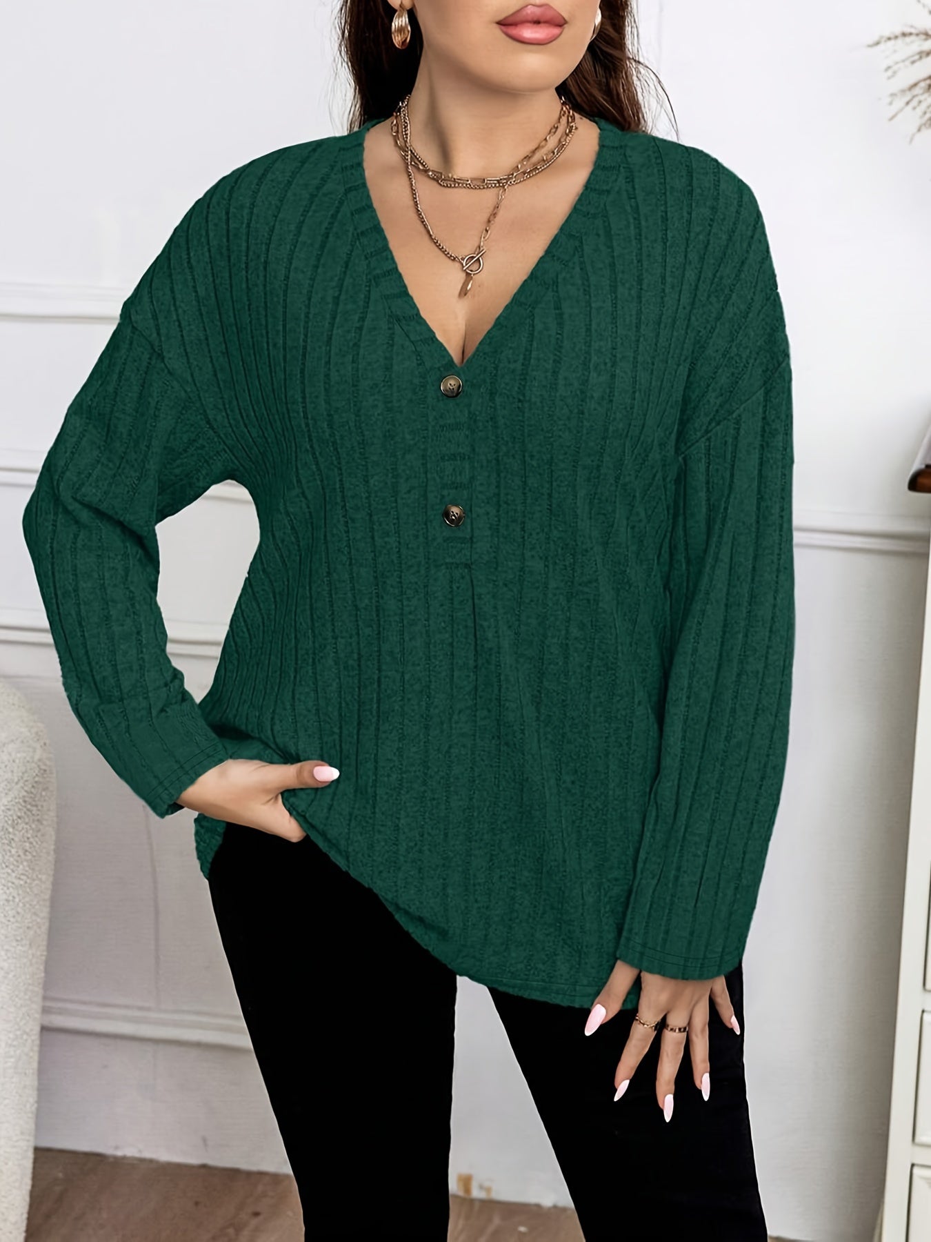 Plus Size V-Neck T-Shirt for Women Polyester Solid Button Decor Fall Spring