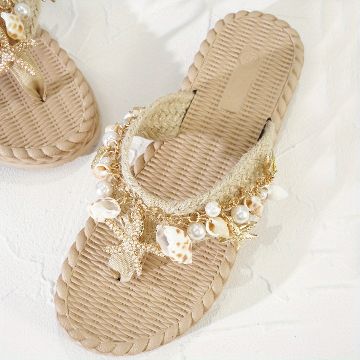 Women's Summer Slip-On Sandals with Braided Jute Straps Shell Charms
