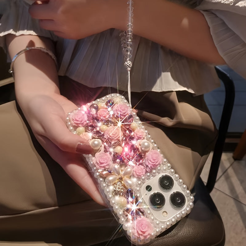 Pearl Frame Crystal Flower Phone Case for iPhone 16 Pro Max with Lanyard and Shockproof TPU