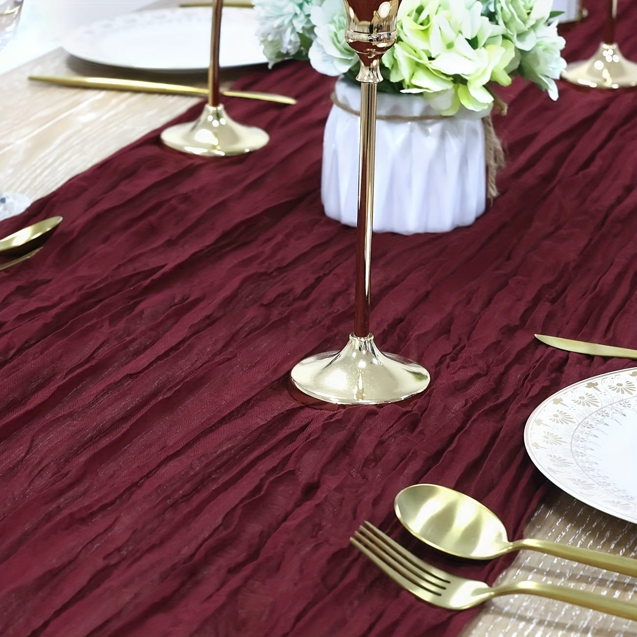 Burgundy Cheesecloth Table Runner Bohemian Country Style for Weddings and Events