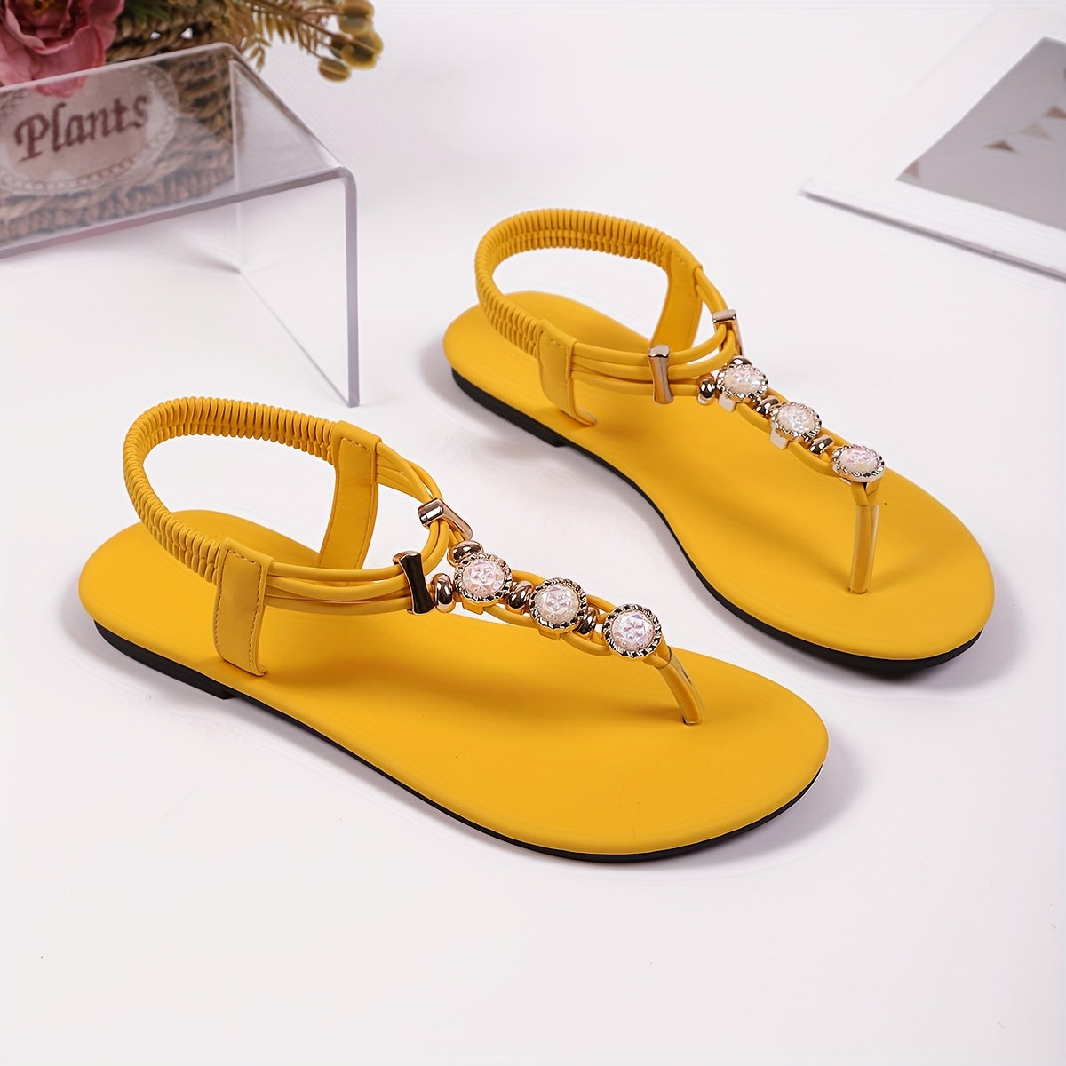 Women's Flat Sandals Rhinestone Embellishments Strappy Back Split Toe