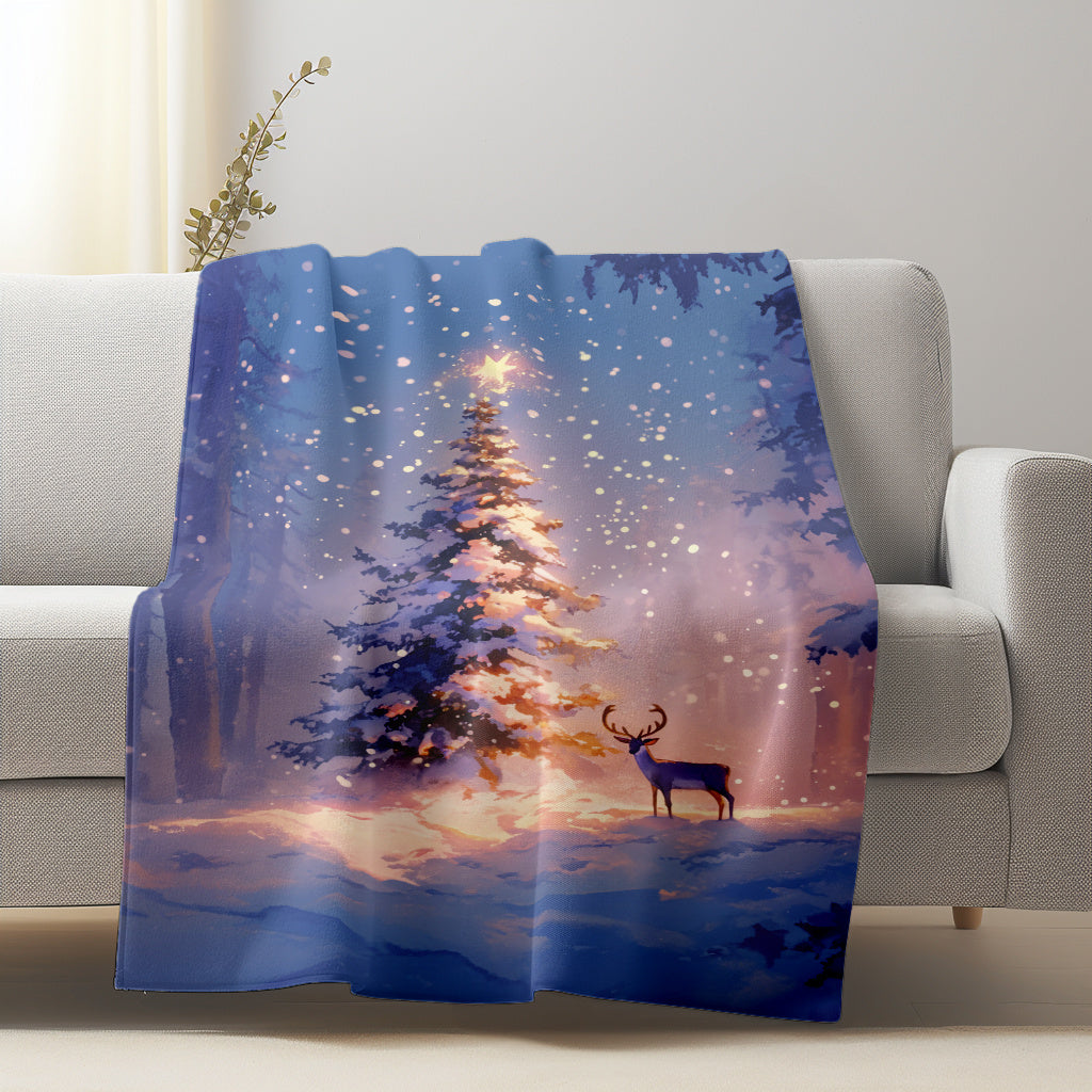 Soft Flannel Fleece Blanket with Christmas Tree and Deer Design All-Season Washable for Sofa Home Office Camping