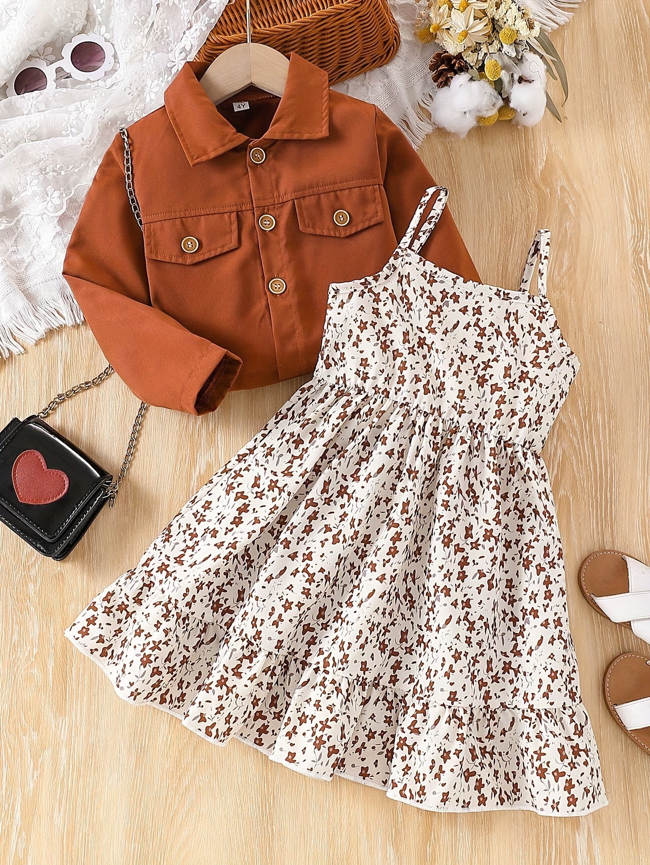 Children's Polyester Floral Skirt Set with Crop Jacket and Slingback Shoes